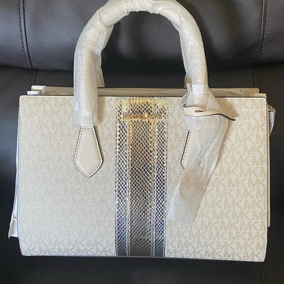 NWT Michael Kors Shelia Medium Signature Logo and Metallic Satchel - Picture 2 of 5